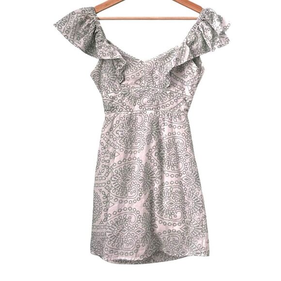 MINKPINK Ruffled Off-Shoulder Embroidered Patterned Mini Dress in Size XS - Picture 2 of 10